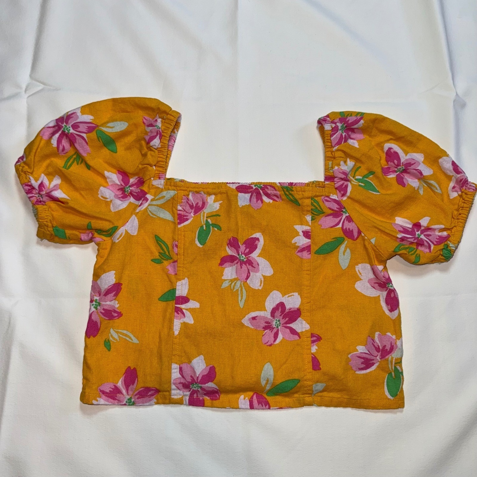 Old Navy Girls Yellow Floral Linen Blend Puff Sleeve Crop Top Size L 10-12